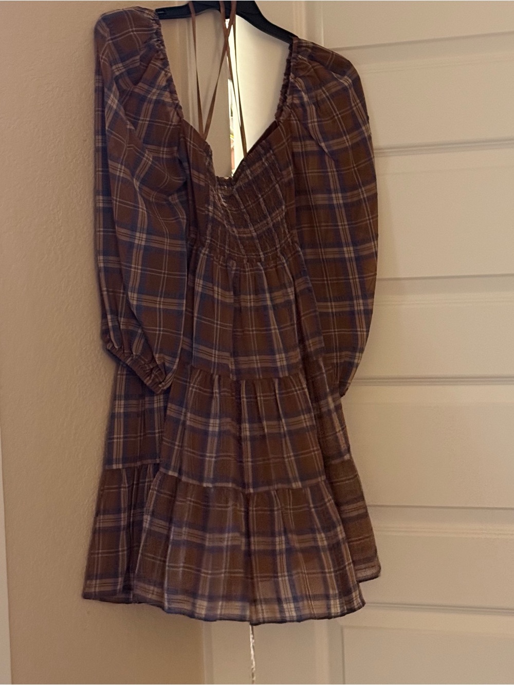 Brown Plaid Long-Sleeve Tiered Mini Dress